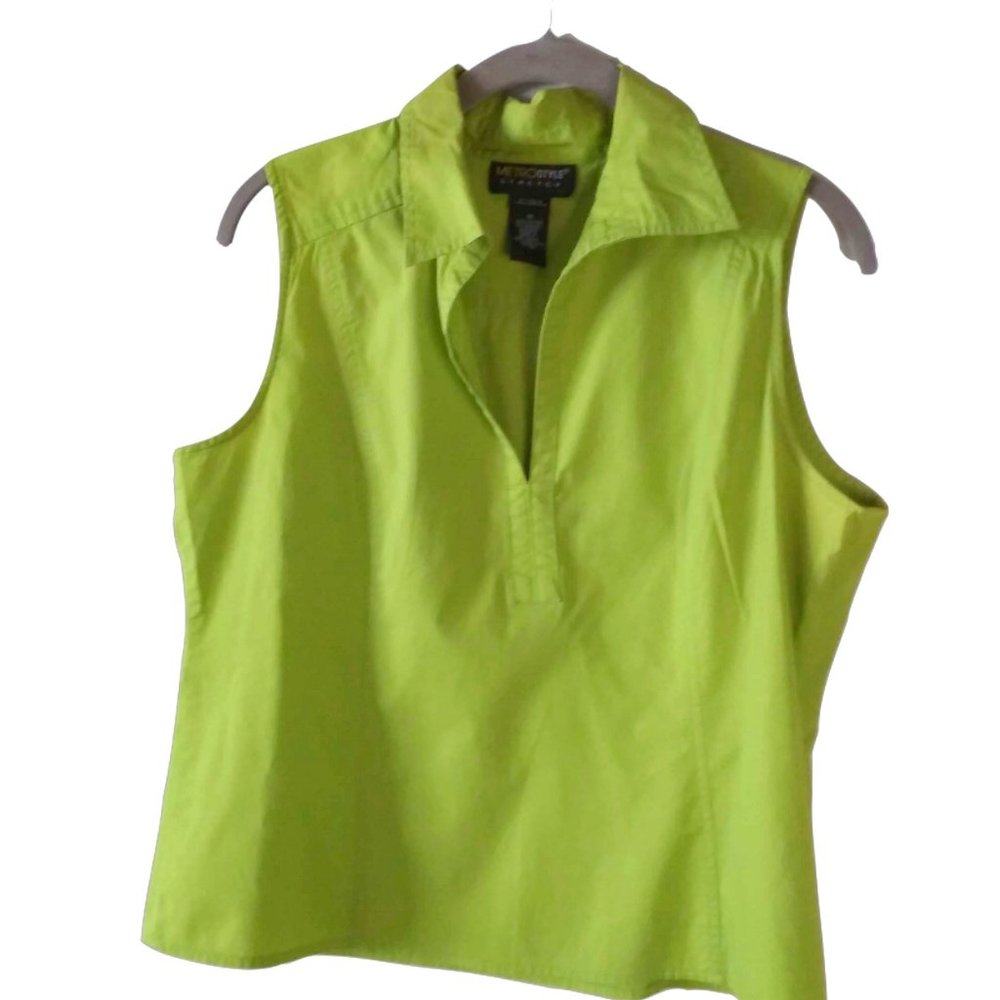 METROSTYLE STRETCH Sleeveless V- Neck Collared Side Zip Top Neon Green Size 14